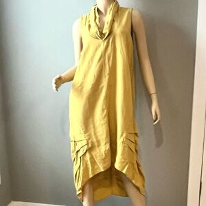 For Cynthia Mustard Yellow Sleeveless High-Low Draped Dress